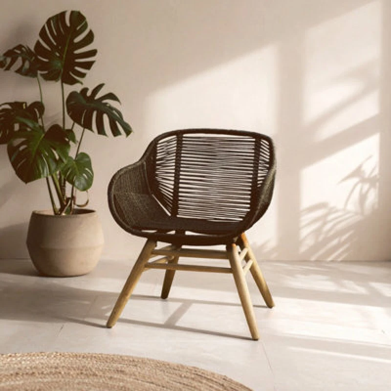 Image of Orsina Black Rope Armchair, Back And Armrest Garden Chair, Eco-Friendly Rope Desk Chair, Lightweight Dining Chair