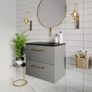 image of Nuie Arno Wall Hung 2-Drawer Vanity Unit with Sparkling Black Worktop 600mm Wide - Gloss Mid Grey