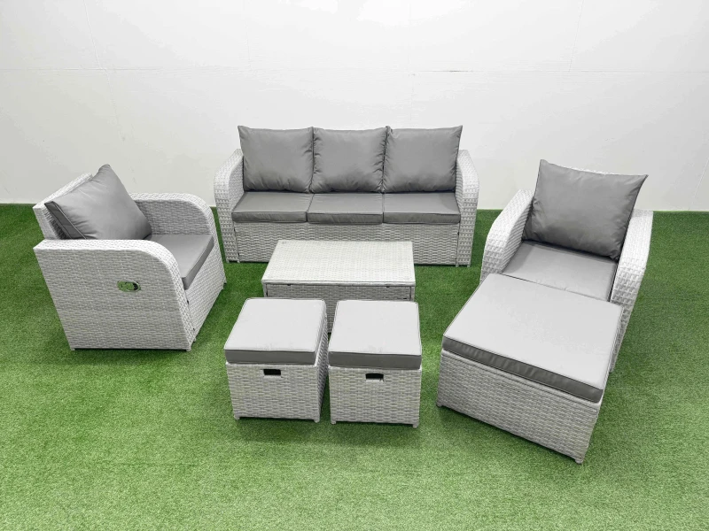 Image of Fimous PE Rattan Garden Furniture Set Reclining Chair Sofa Lounge Sofa Set Oblong Coffee Table 3 Stools Light Grey Light Grey