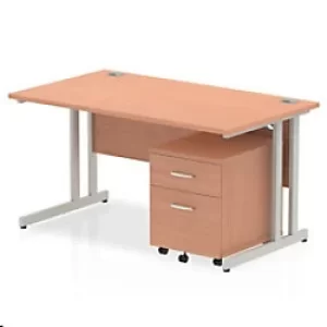 Image of Dynamic Rectangular Straight Desk Beech MFC Cantilever Leg Silver Frame Impulse 1 x 2 Drawer Mobile Pedestal Bundle 1400 x 800 x 730mm