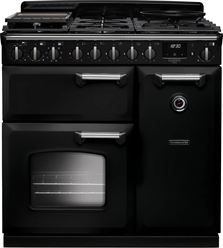 Image of Rangemaster Classic Deluxe CLDL90DFPGBL/CM1 90cm wide Dual Fuel Range Cooker with Gas Hob - Black / Chrome - A Rated