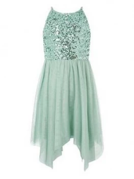 Monsoon Girls Truth Sage Sequin Hanky Hem Dress - Green, Size 14-15 Years, Women