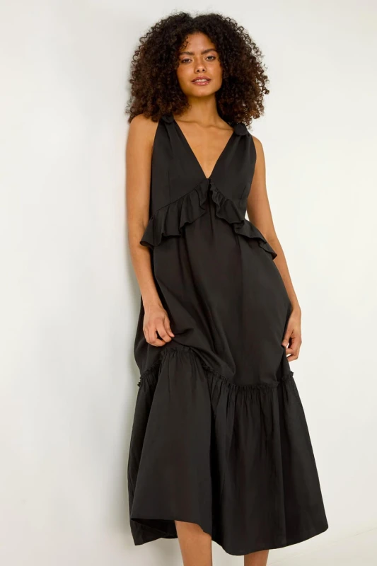Image of Dusk Womens Bow Detail Poplin Midi Dress in Black Size: 10 Black Female 10