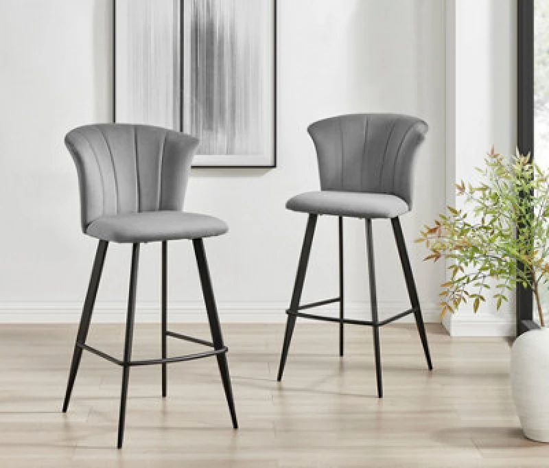 Image of Furniturebox Juniper Grey Soft Touch Velvet Fluted Art Deco Bar Stools With Black Legs (Set Of 2)