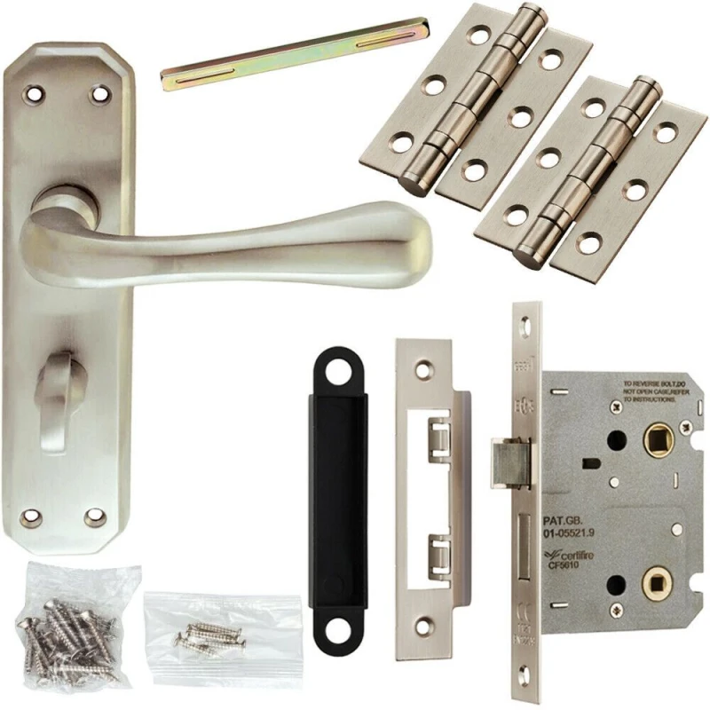 Image of Loops Door Handle & Bathroom Lock Pack Satin Chrome Heavy Duty Prism Thumb Backplate Multi