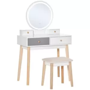 Image of Homcom Dressing Table Set With Round LED Mirror Stool And 4 Drawers White And Grey