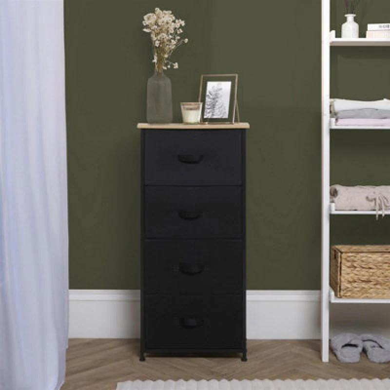 Image of OHS OHS Fabric Cabinet Bedside 4 Drawers Storage Unit Home Organiser in Black One Size Unisex 5027434212255