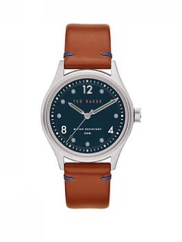 Ted Baker Blue and Grey Detail Dial Brown Leather Strap Watch, One Colour, Men