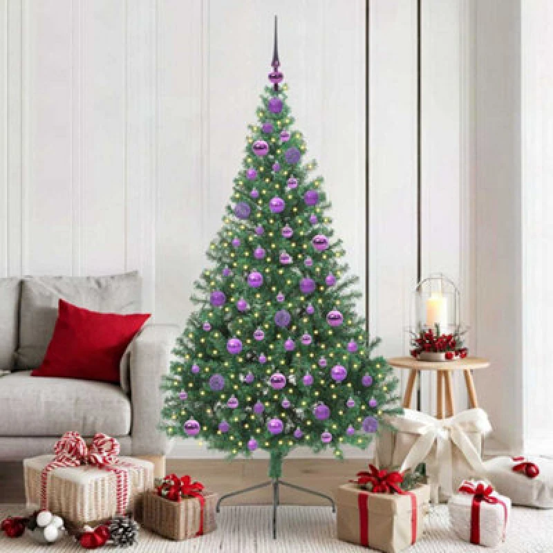 Image of vidaXL Artificial Pre-lit Christmas Tree with Lilac Balls Green 180cm PVC, Green 3397017