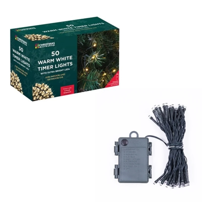 Image of Christmas Workshop 50 LED Battery Operated Timer Lights - Warm White