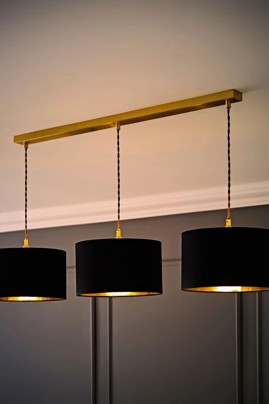 Image of ValueLights ValueLights Reni Metallic Drum Shade 3 Drop Bar Brushed Gold Diner Ceiling Light with Bulbs in Black One Size Unisex 5059406064111