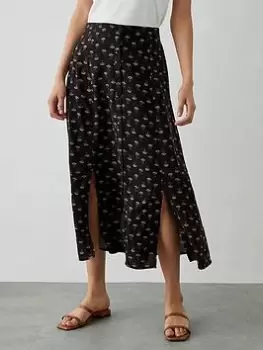 image of Dorothy Perkins Printed Button Through Midi Skirt - Black, Size 10, Women