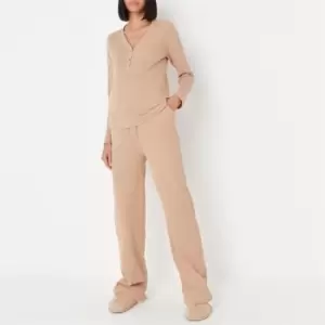 image of Missguided Maternity Rib Half Button Loungewear Set - Beige