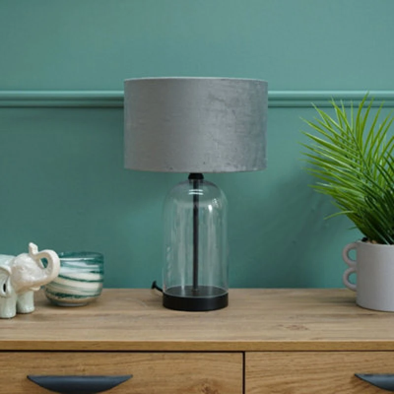 Image of ValueLights Jessy Black Glass Table Lamp With Grey Velvet Shade Black