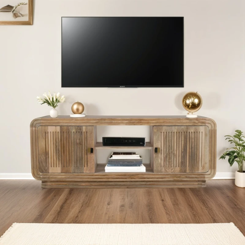 Image of Indian Hub Hudson Carved Mango Wood 2 Doors TV Cabinet