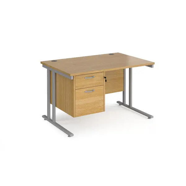 image of Maestro 25 straight desk 1200mm x 800mm with 2 drawer pedestal - silver cantilever leg frame, oak top