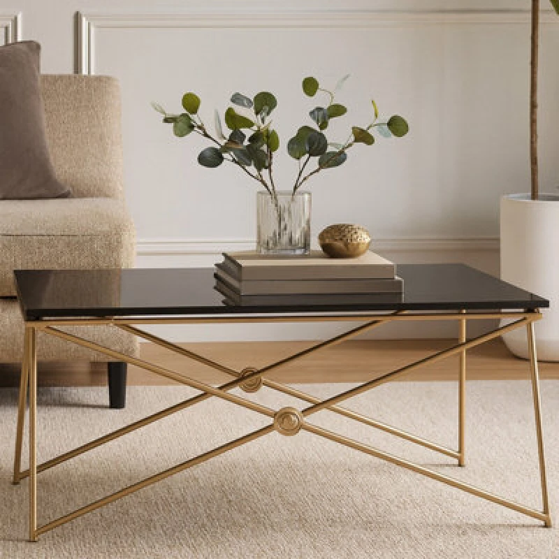 Image of Premier Housewares Tempered Glass Top Gold Finish Coffee Table, Strong Display Coffee Table, Steel Frame Decorative Table Black