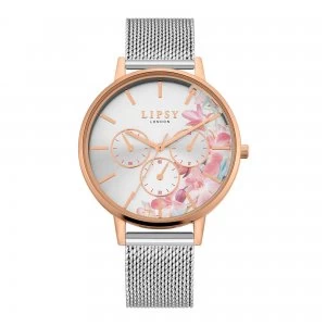 image of Lipsy Silver Mesh Strap Watch with Silver Floral Dial