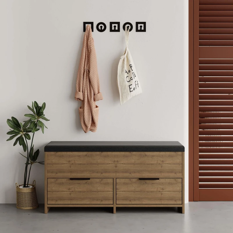 Image of Decortie Modern Cove Shoe Storage With Fabric Bench 2-Tier Cabinet Hallway Entryway Storage Dark Oak Effect 106X34X50Cm