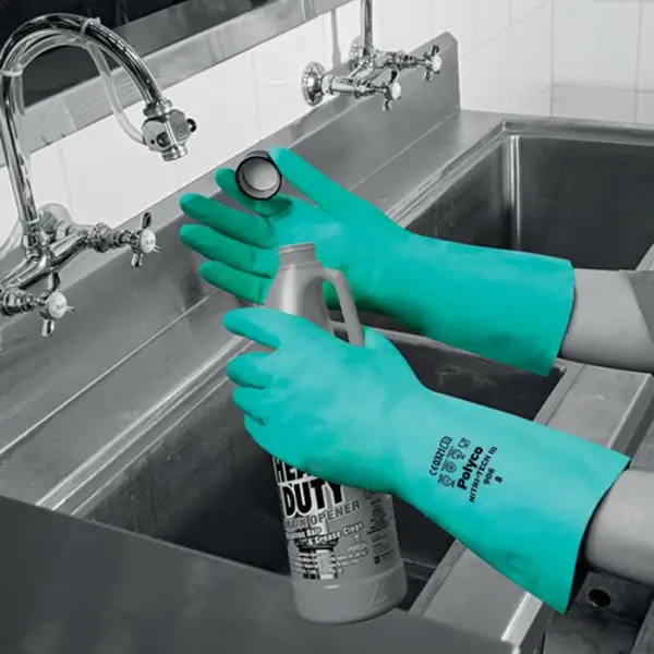 Image of Polyco Nitri-Tech III Flock Lined Nitrile Synthetic Rubber Glove Size 8 Medium Green 92-medium