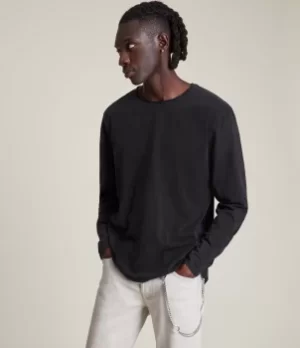 Image of AllSaints Mens Bodega Long Sleeve Crew T-Shirt, Washed Black, Size: L