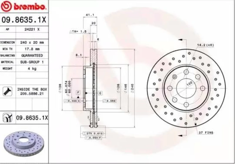 Image of BREMBO 09.8635.1X Brake disc perforated/vented, Coated, with bolts/screws Brake Disc (82)