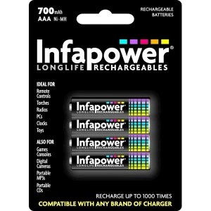 image of Infapower AAA 700mah Ni-MH Rechargeable Batteries (4 Pack)