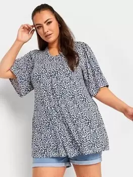 Image of Yours Ditsy Flower Print Pleat Angel Sleeve Swing T-Shirt, Blue, Size 18, Women
