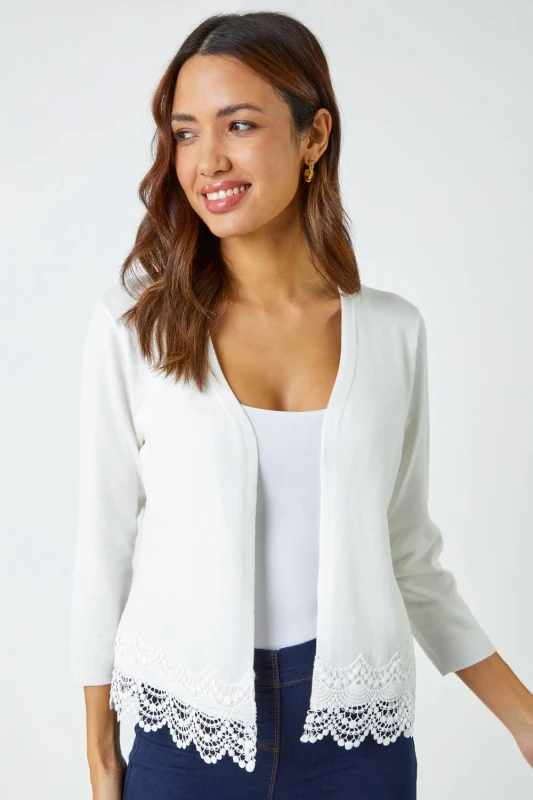 Image of Roman Womens Scalloped Lace Trim Knitted Shrug in Ivory Size: 12 Ivory Female 12