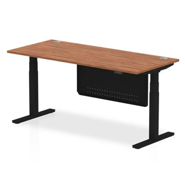 Image of Air 1800 x 800mm Height Adjustable Desk Walnut Top Cable Ports Black Leg With Black Steel Modesty Panel
