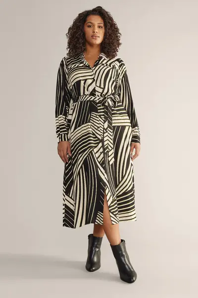 image of Evans Abstract Linear Print Utility Shirt Dress Black