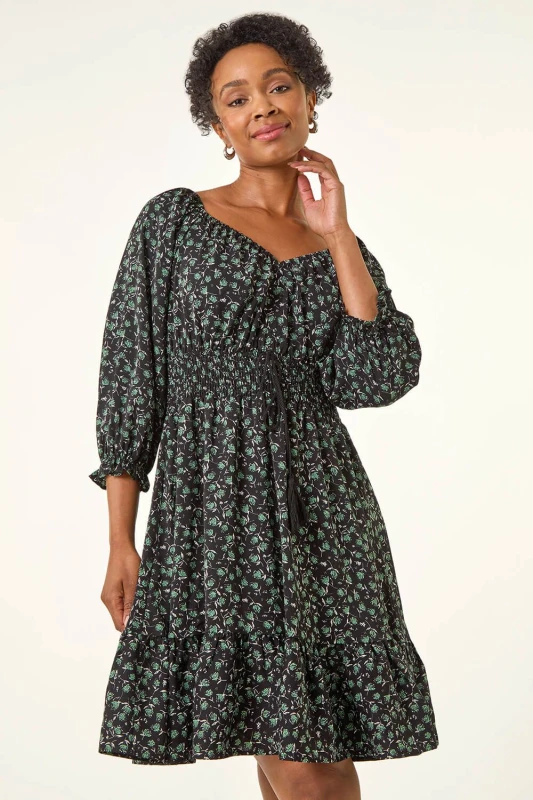 Image of Roman Womens Petite Floral Frill Dress in Black Size: 14 Black Female 14