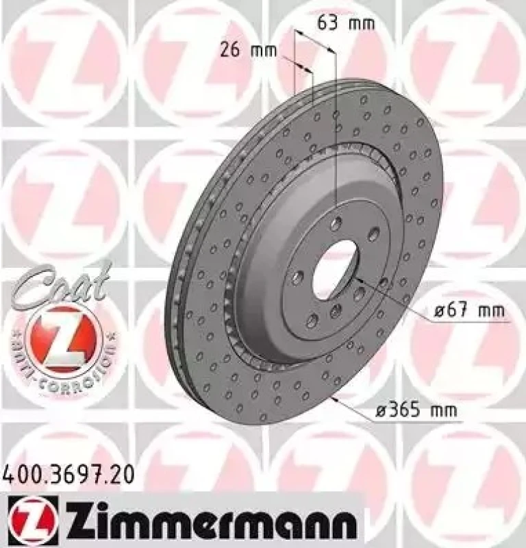 Image of ZIMMERMANN 400.3697.20 Brake disc Rear Axle, Drilled dimples, Coated, High-carbon Brake Disc (82)
