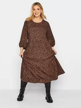 Image of Yours Animal Print Frill Hem Dress, Brown, Size 20, Women