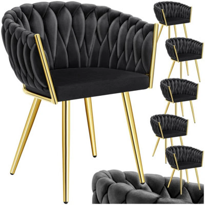 Image of Tectake Set Of 6 Dining Chair Astano - Padded, Velvet, Knot Design, Continuous Backrest - Black/gold