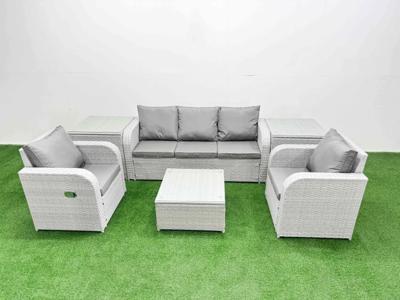 Image of Fimous PE Rattan Garden Furniture Set Reclining Chair Sofa Lounge Sofa Set Square Coffee Table 2 Side Table Light Grey Light Grey