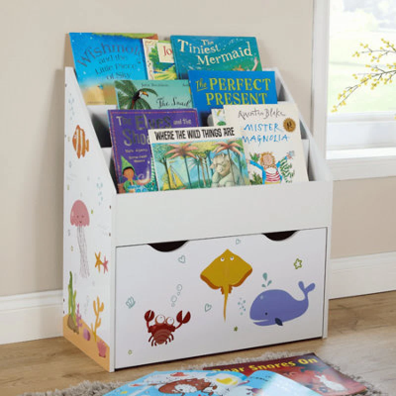 Image of Home Source Anya Kids Ocean Theme Full-Width Drawer Sling Bookshelf Toy Storage Organiser Shelf Unit