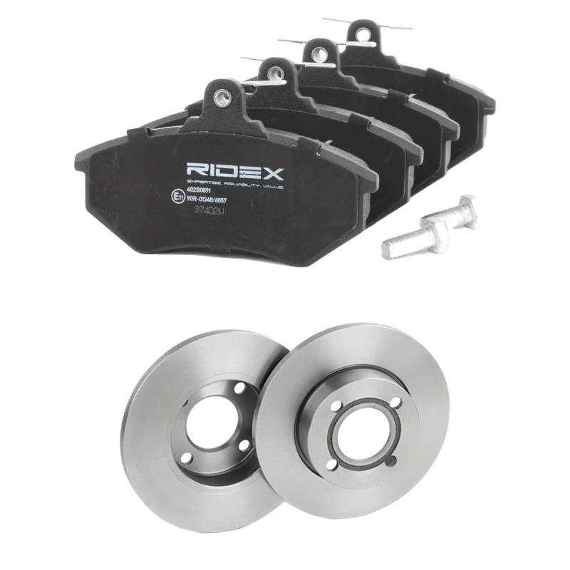 Image of RIDEX 3405B2563 Brake disc and pads set Front Axle, Brake Disc Type: Solid, not prepared for wear warning indicator Brake Set,disc brakes (3405)