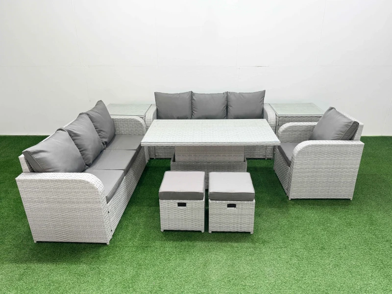 Image of Fimous 9 Seater Poly Rattan Outdoor Garden Furniture Adjustable Lifting Dining or Coffee Table Sofa Set Stools 2 Side Table Light Grey