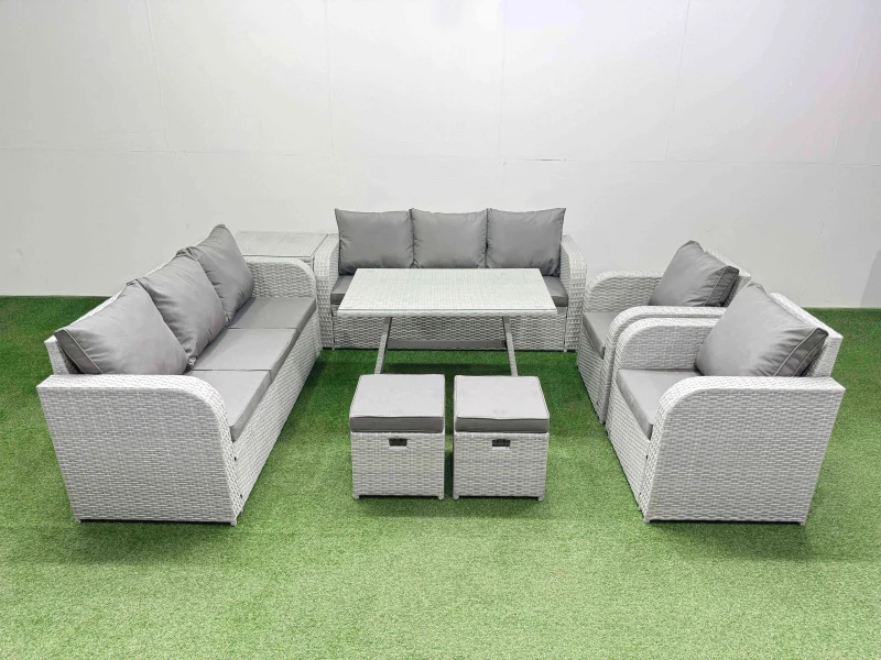 Image of Fimous Rattan High Back Lounge Sofa Set Patio Dining Table & Chairs Set With Side Table 2 Small Stool Light Grey