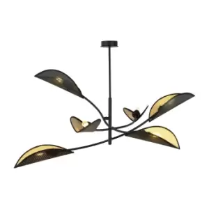 Image of Lotus Black Multi Arm Semi Flush Ceiling light with Black, Gold Fabric Shades, 6x E14