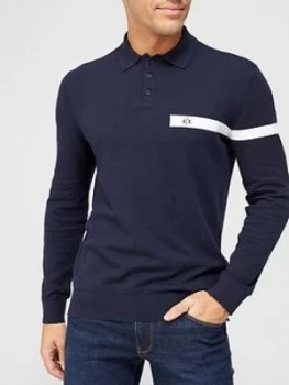 Image of Armani Exchange Knitted Long Sleeve Polo Shirt Navy Size XS Men