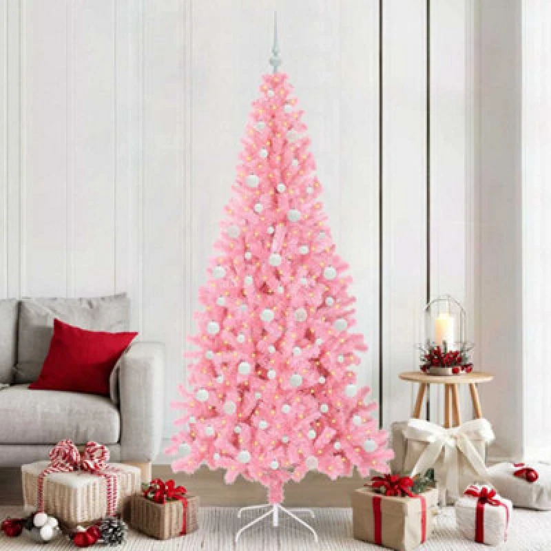 Image of vidaXL Christmas Tree with 300 LEDs, White Balls with Stand Pink 210cm PVC, Pink 3396441