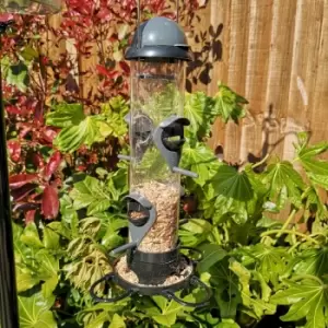 image of Roll Top 4 Port Garden Wild Bird Hanging Grey and Black Plastic Seed Feeder - Tom Chambers