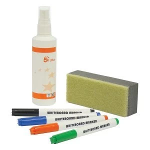 image of 5 Star Office Drywipe Starter Kit of Drywipe Eraser and 125ml Cleaner and 4 Whiteboard Markers Assorted