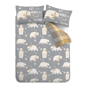 Image of Catherine Lansfield Polar Bear Brushed Cotton Reversible Duvet Cover and Pillowcase Set Ochre