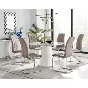 Image of Furniturebox Palma White Marble Effect 120cm Round Minimalist Dining Table & 6 Cappuccino Murano Silver Leg Faux Leather Chairs