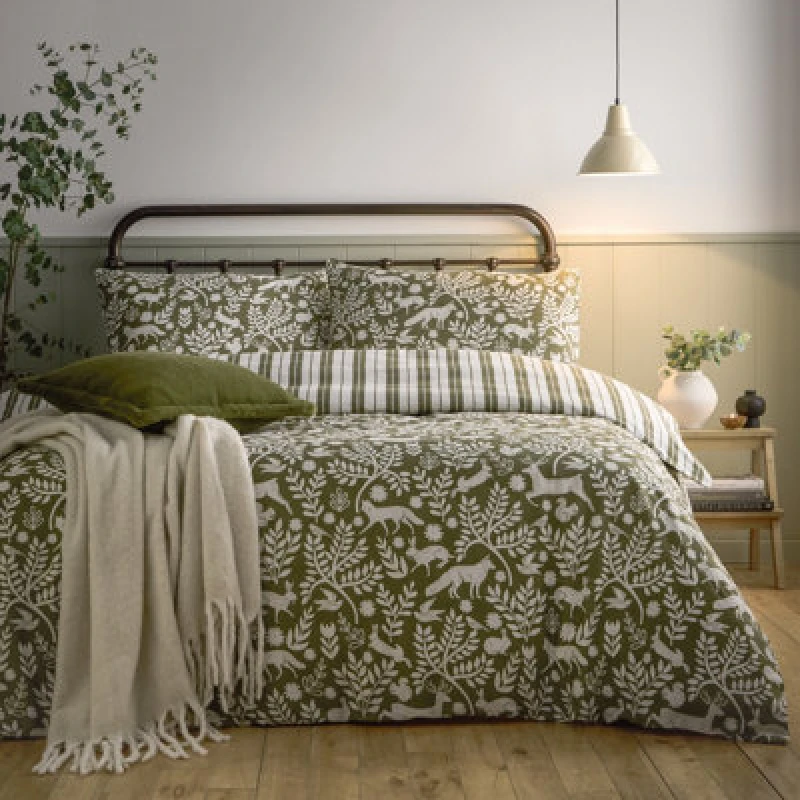 Image of Furn Furn Skandi Woodland Brushed Cotton Duvet Cover Set in Green Size: Double Green Double Unisex 5025532358165