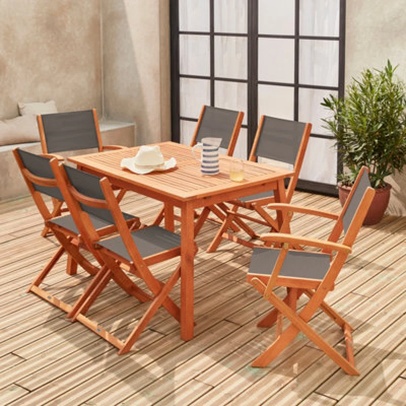 Image of sweeek 6-seater Extendable Wooden Garden Table Set With Chairs in Light Brown Light Brown Unisex