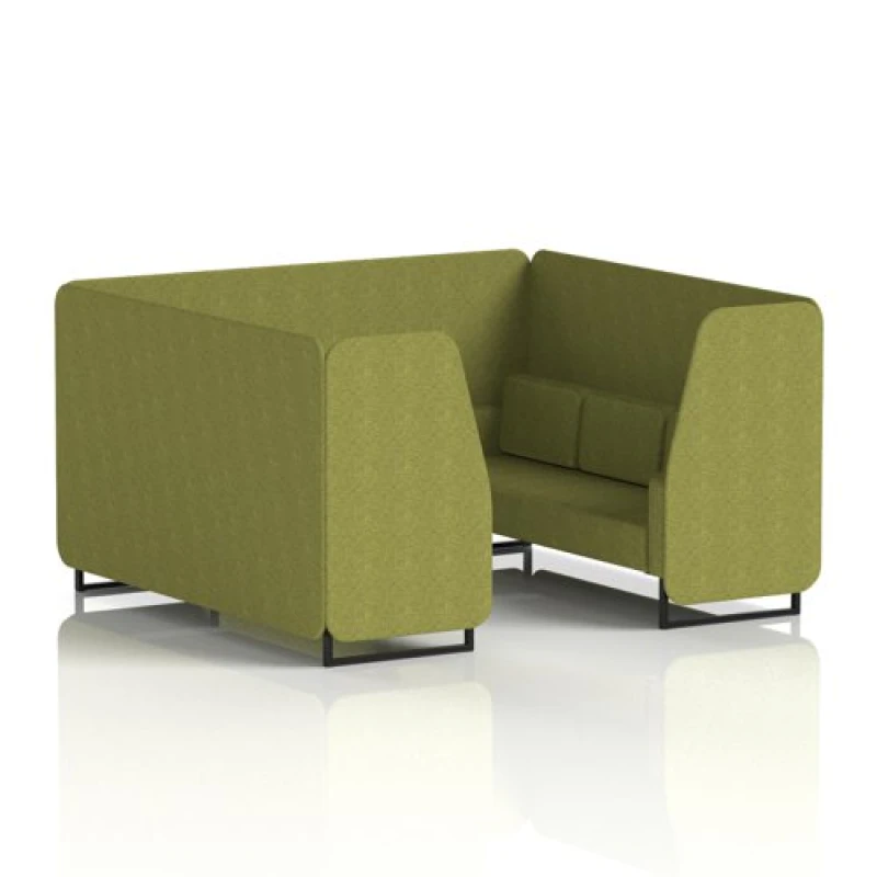Image of Brixworth 6 Seater Office Booth with Front Panel - Black Legs in Rivet Fabric - Olive Panels and Sofa